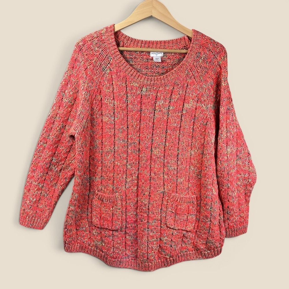 Vintage Sweater‎ XL Coral Pink Marled Cotton Acrylic Pointelle Knit Pockets